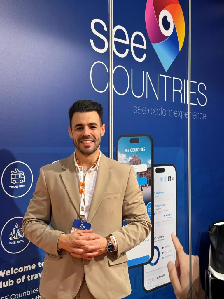 Renato Calvão in front of the SEE Countries exhibition backdrop at BTL 2024