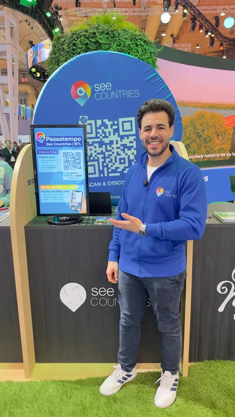 Renato Calvão next to the SEE Countries QR code totem at BTL 2026