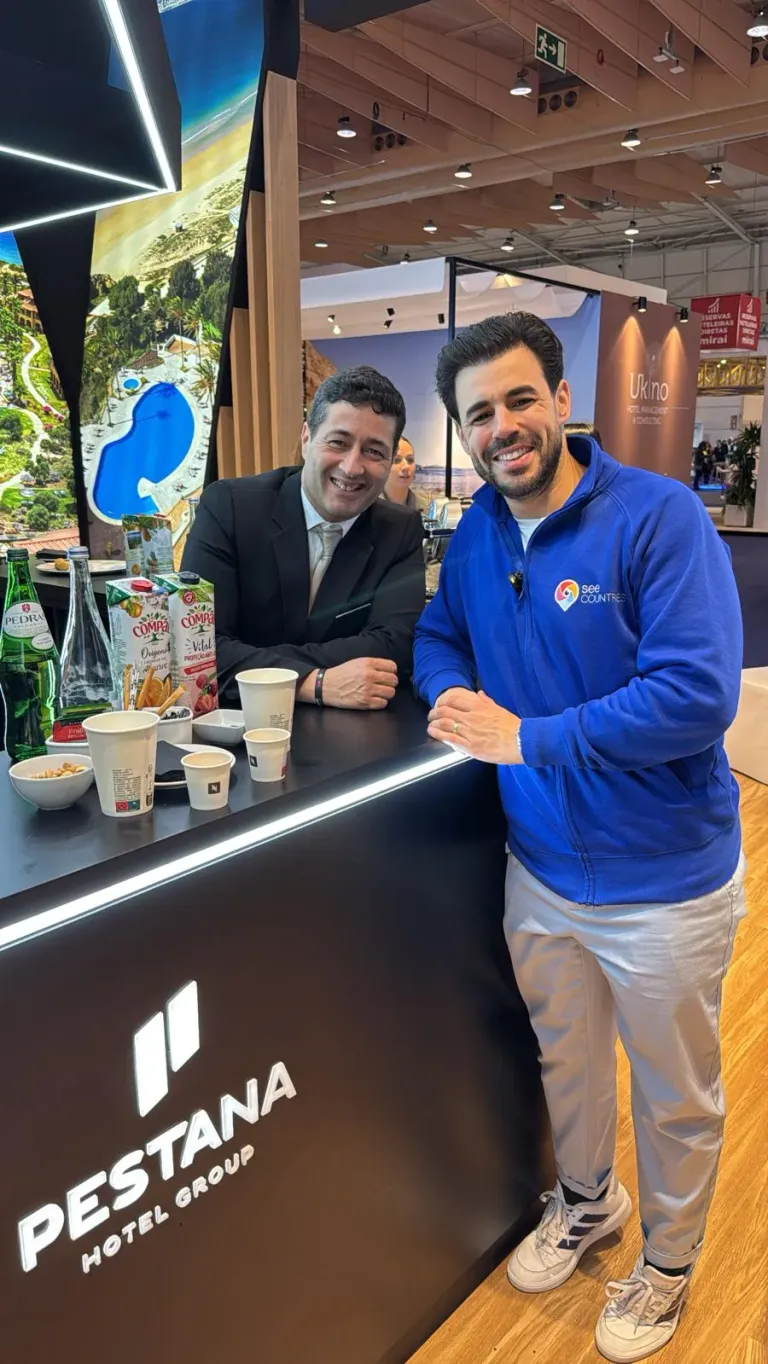 Renato Calvão meeting a tourism partner at the Pestana Hotel Group stand during BTL 2026