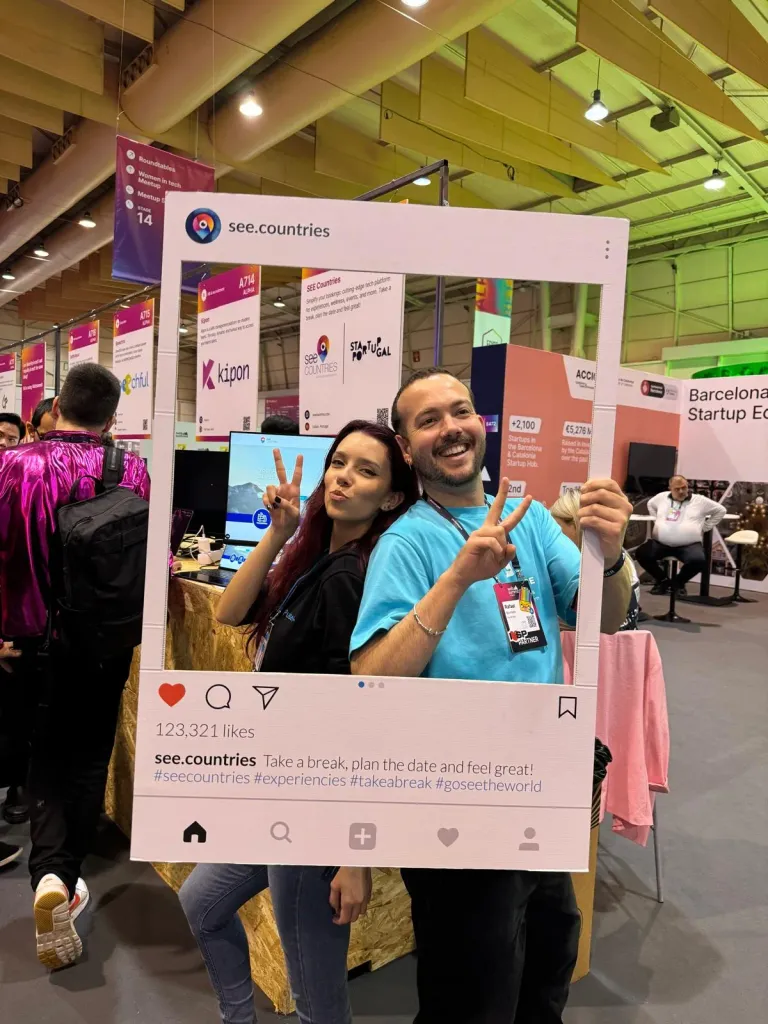 SEE Countries team using a branded photo frame at Web Summit 2024 in Lisbon
